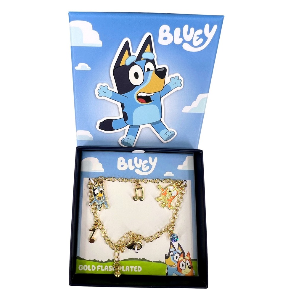 Bluey Charm Bracelet Kids Gold Flash Plated Bluey &‎ Bingo Charms NWT Gift Box